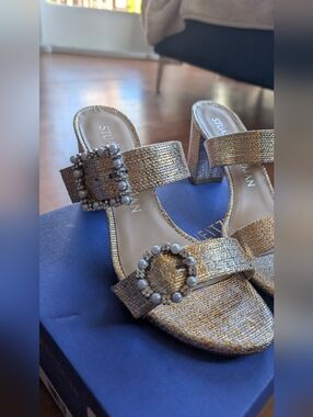 Stuart Weitzman Washed Gold Embellished Block Heel Sandals